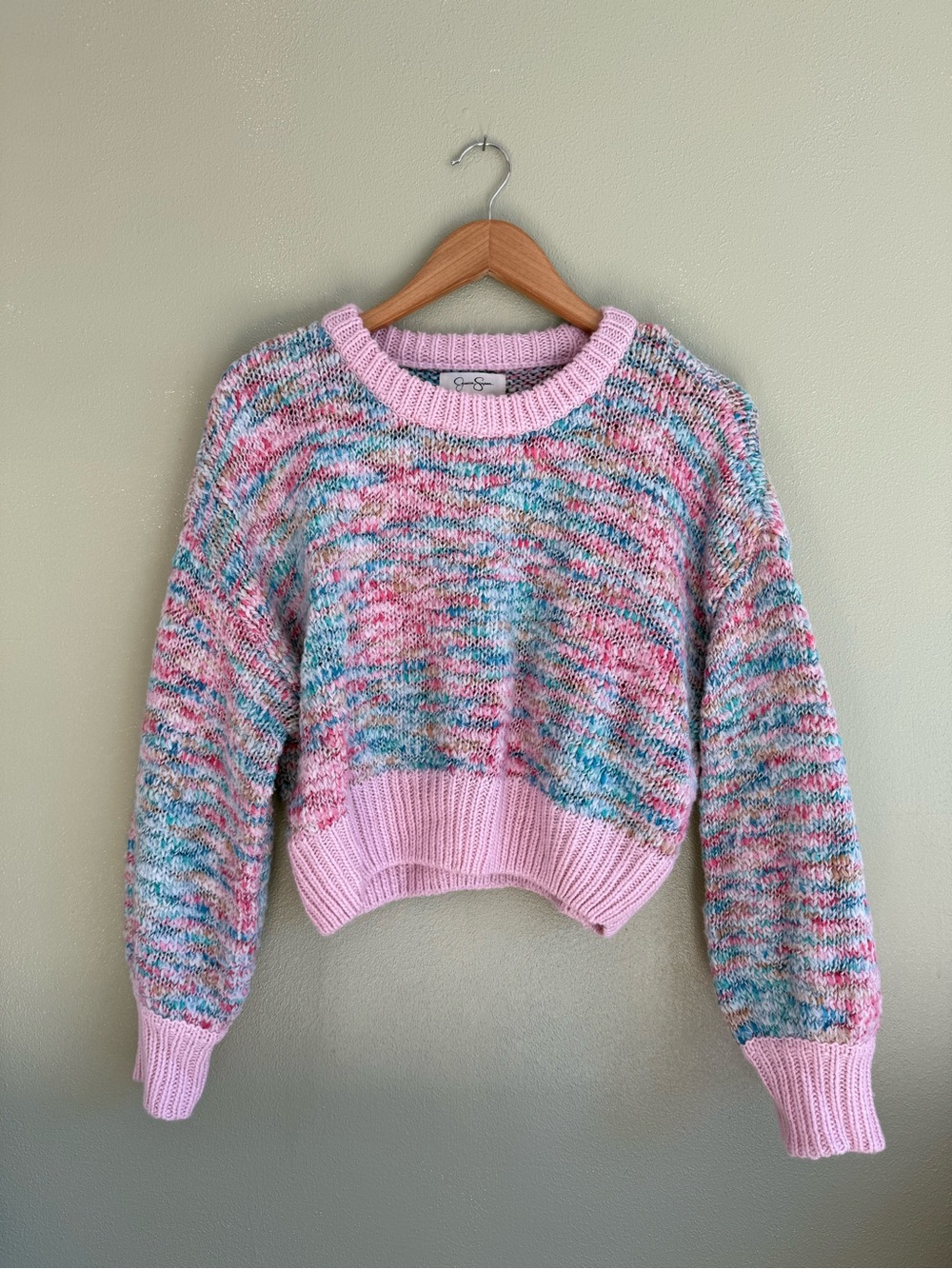 Pastel Multicolor Crewneck Sweater with Pink Trim Women’s Size Medium
